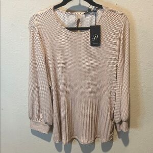 NWT Adrianna Papell Champagne Colored Pleated Polka Dot Blouse size XL